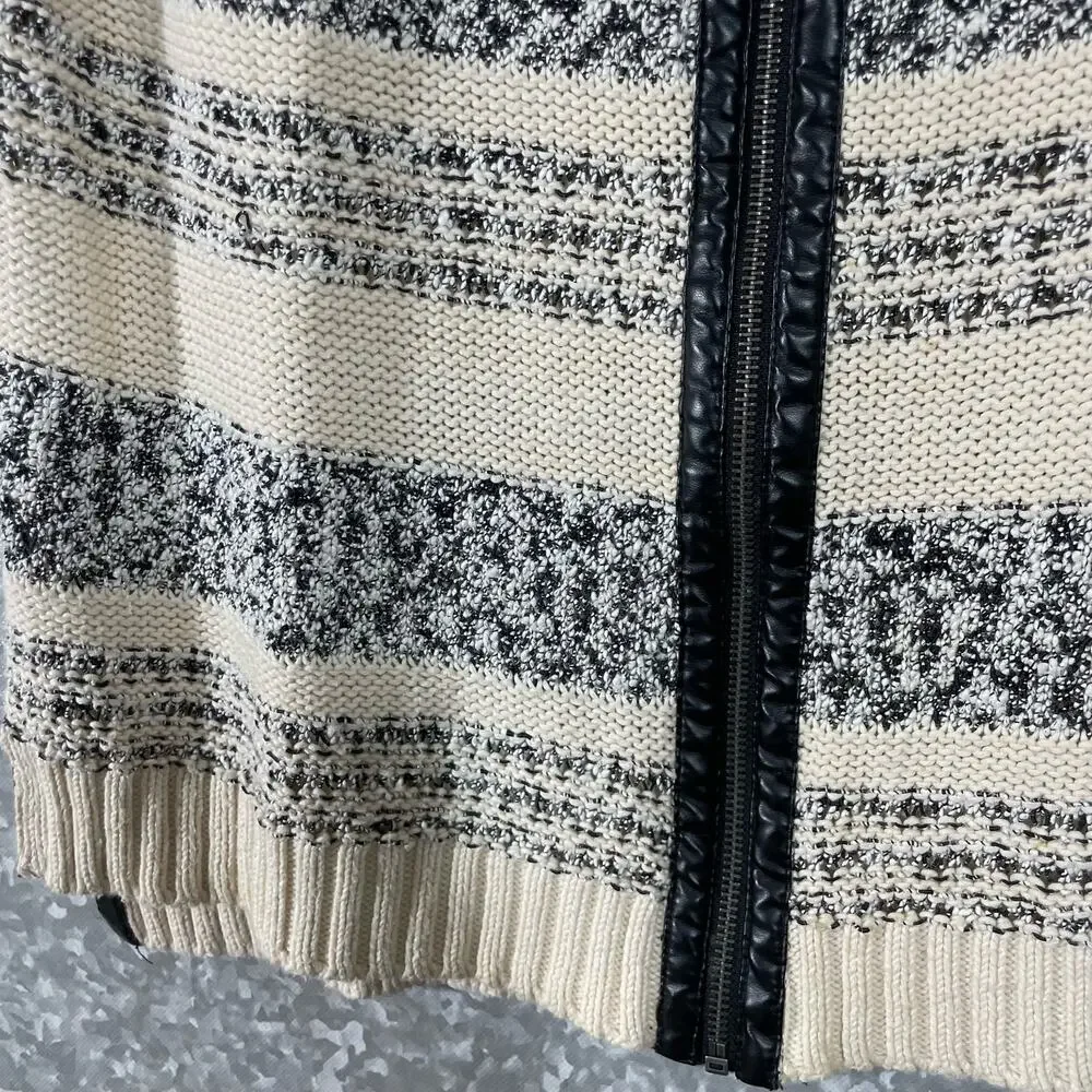 Trouve Ivory Striped Faux Leather Trim Zip Up Cardigan - Size Small - Sweater